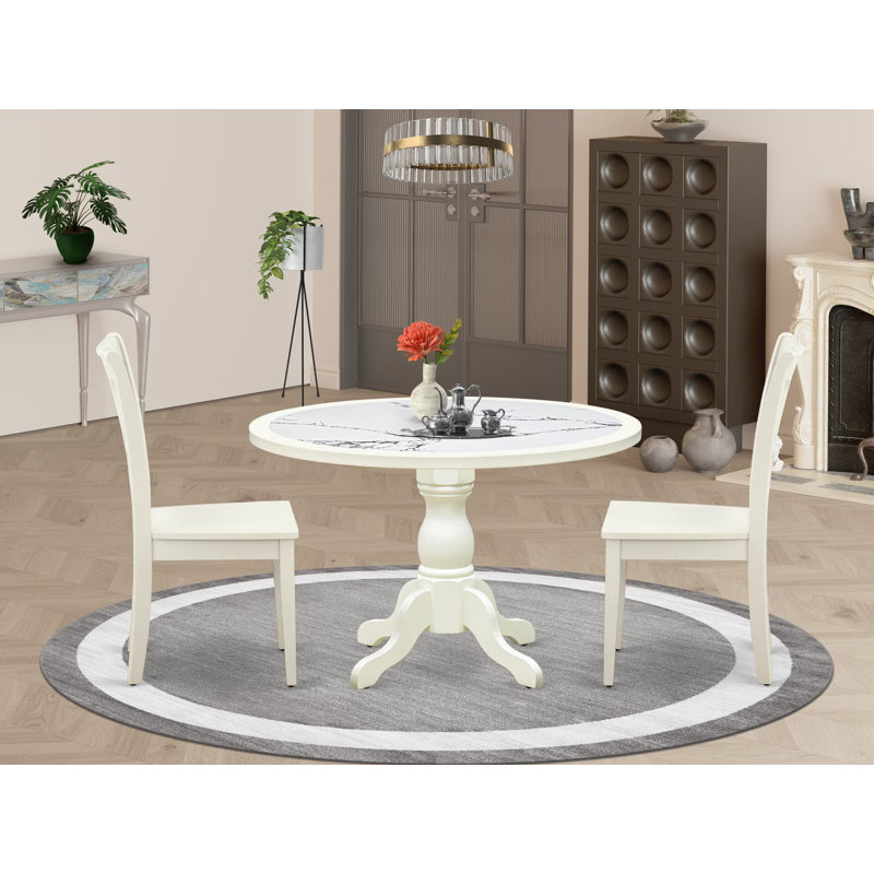 3-Pc Dining Table Set Include a Dining Table with Veined Marble Pattern Tabletop and 2 Wooden Chairs, Linen white, White