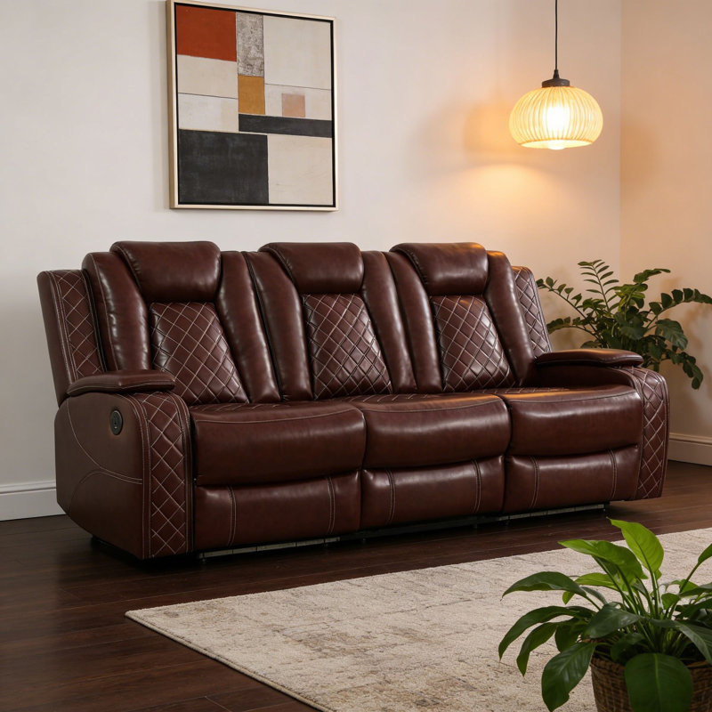 Faux Leather Power Reclining Sofa With Drop-Down Console & Wireless Charging, Brown