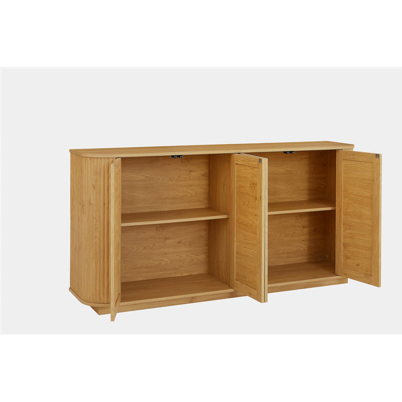 64-inch wave shaped TV stand, rounded corner sideboard, storage cabinet, buffet, wood vertical striped cabinet with rattan doors for kitchen/bedroom/entryway. Natural, 64''W x 15''D x 31.5''H