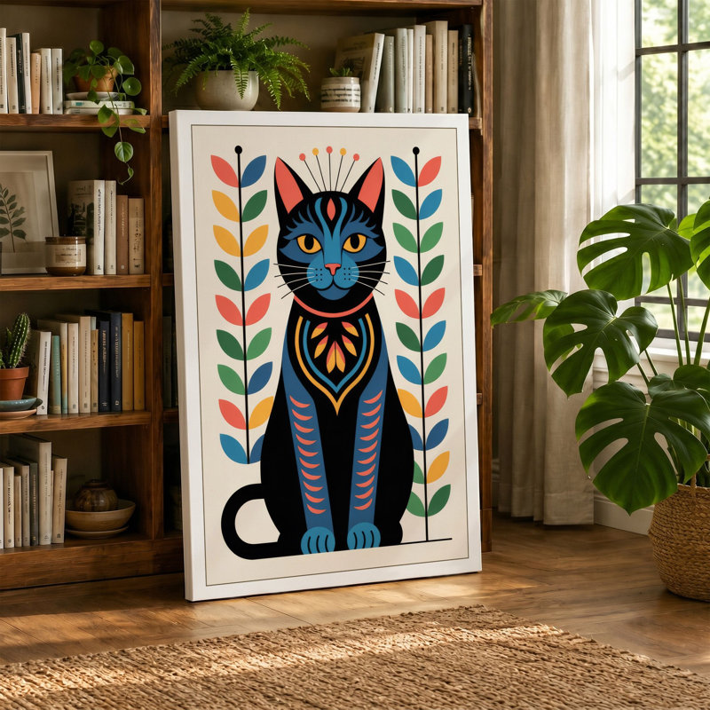 Decorated Cat in Folk Art Mid-Century 1 Piece Wrapped Canvas Wall Art, 36x24 - 91.4 x 61.0 cm, Black Border