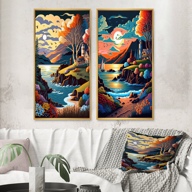 «Modern Sunset In Vector Style», 2 pièces sur toile, H 32 po x l 32 po, Encadrement doré