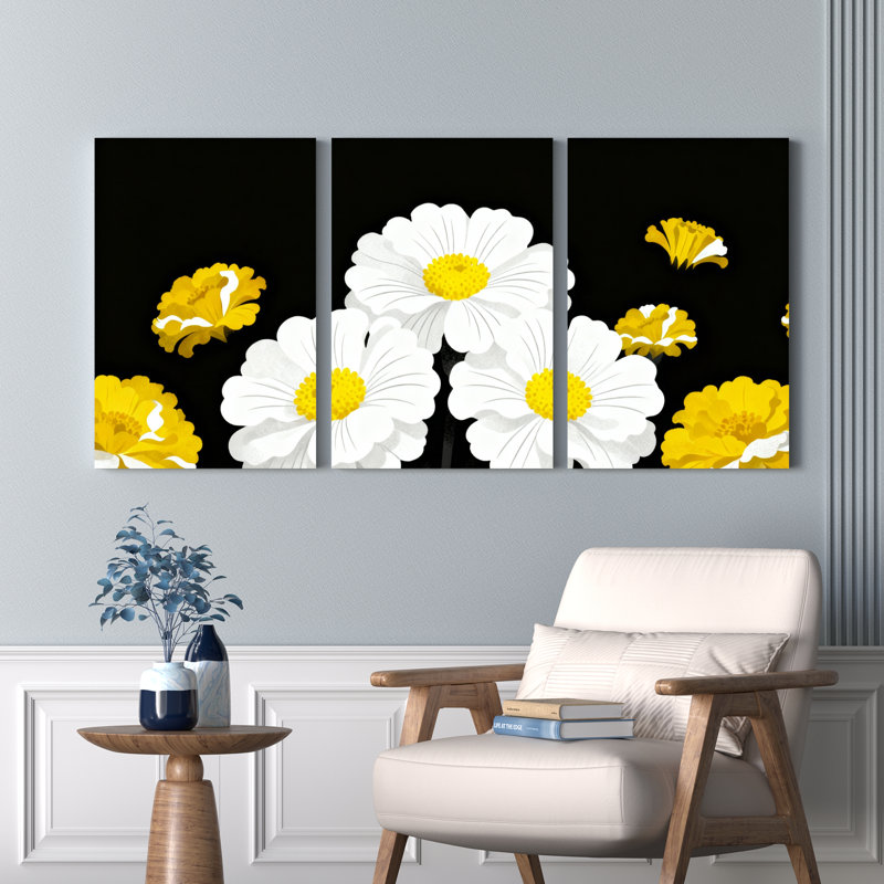 Marguerite blanche et fleur jaune sur toile tendue, impression florale moderne (ensemble de 3), H 24 po x l 48 po
