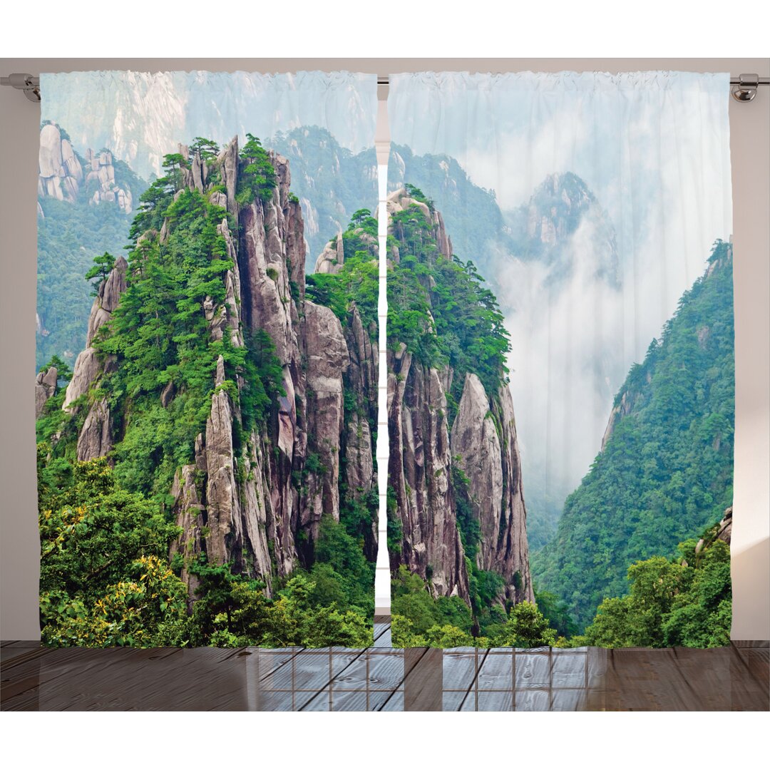 2-tlg. Vorhang-Set Majestic Slim Mountains Rocks in Clouds South Chinese Nature, halbtransparent