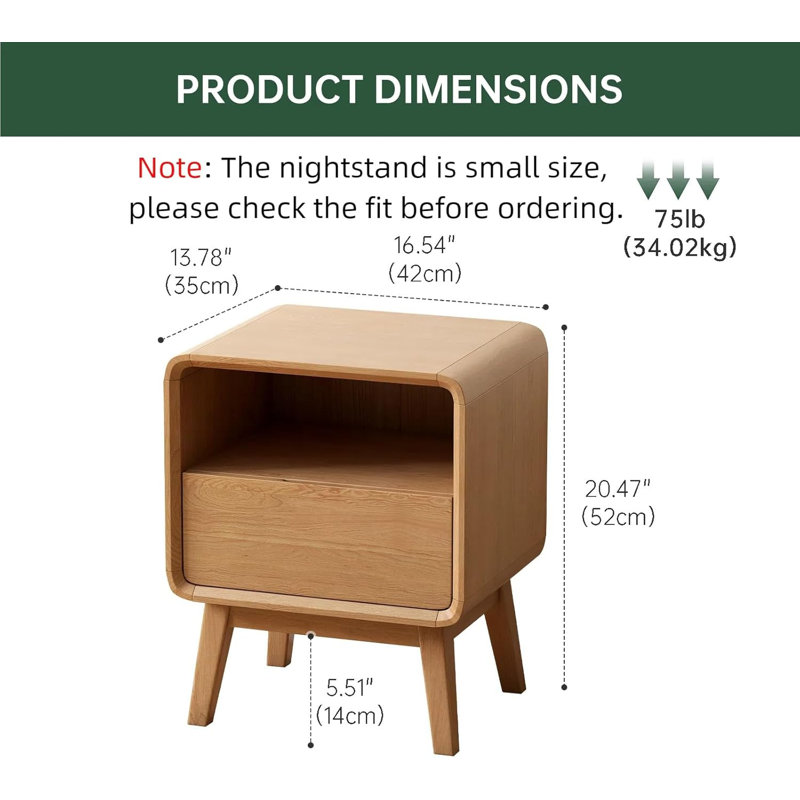 Solid Oak Nightstand- Oak-1 Drawer, Oak