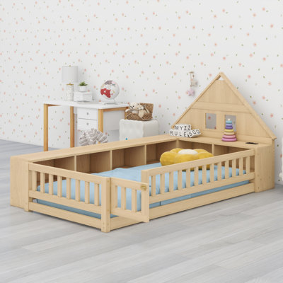 Kids Wood Floor Bed with House Headboard, Safety Guardrail, Storage Shelves, LED Light Strip, USB Charger  Power Sockets