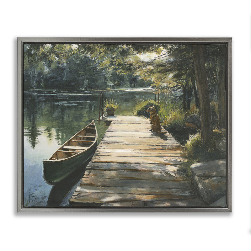 Cadre flottant Lake Life Dog on Dock, design par Sara Culpepper, H 25 po x l 31 po, Cadre flottant gris lustré