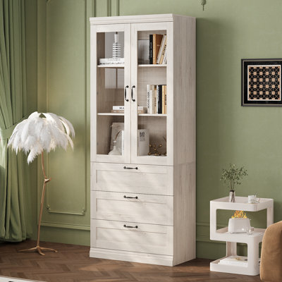 2-Door 3-Drawer Natural Display Cabinet With Tempered Glass Doors