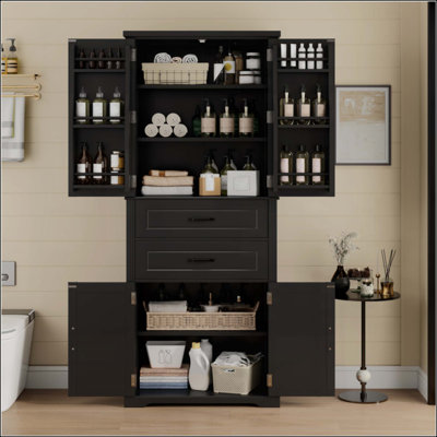 Armoire de rangement avec espace de rangement multifonctionnel, portes avec tablettes de rangement, 2 tiroirs, tablette réglable