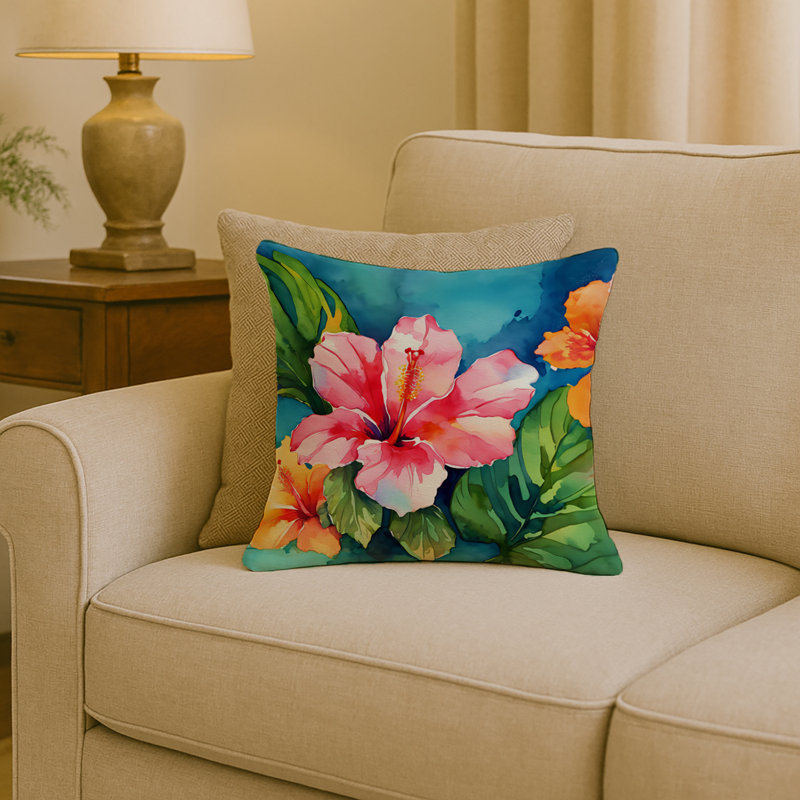 Coussin Hawaii, Hibiscus à l'aquarelle, Carré 18 po