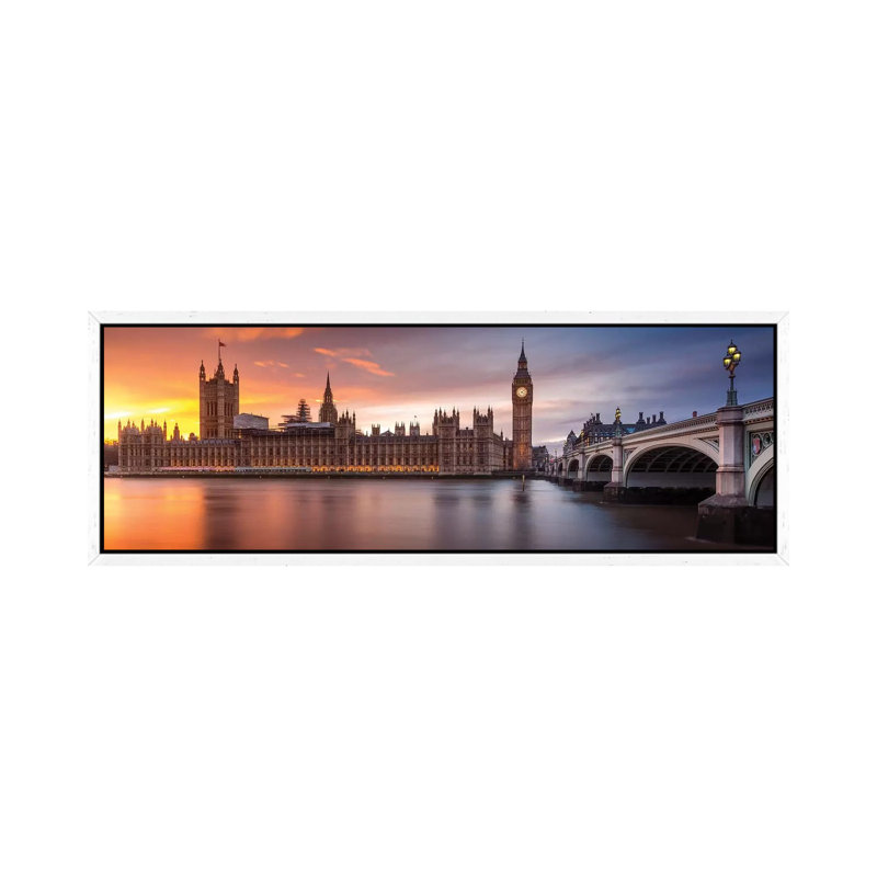 London Palace Of Westminster Sunset - Panoramic Print on Canvas, 121.92 cm H x 40.64 cm W, White Framed