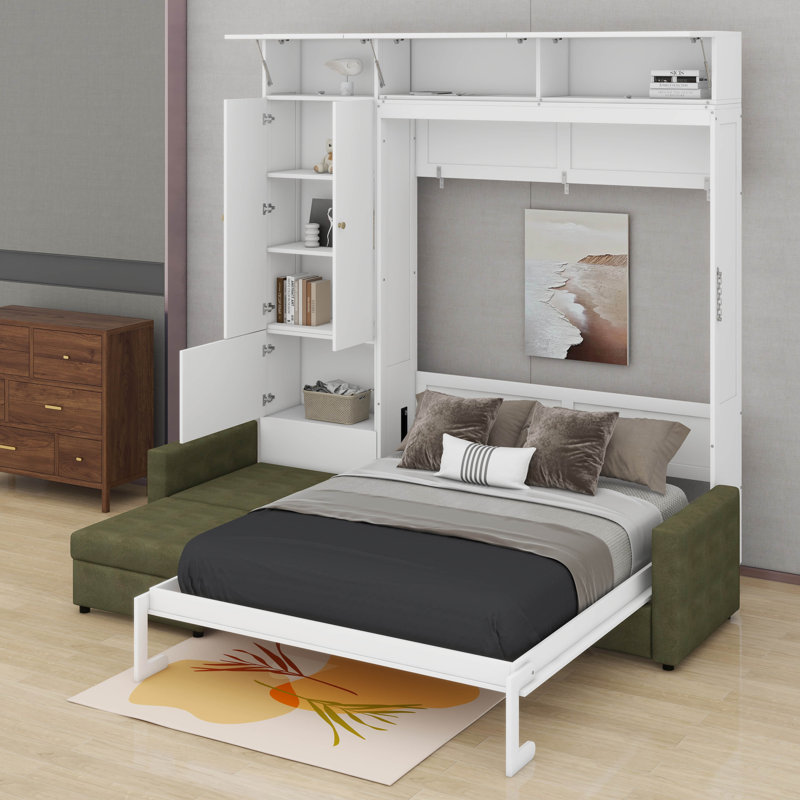Grand lit escamotable avec canapé et tablettes, Blanc/vert