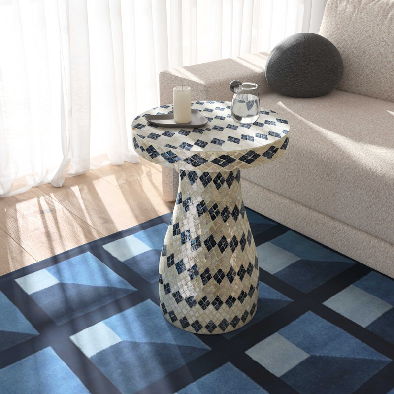 Halio Shell Mosaic End Table, Blue Checkered
