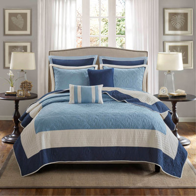 Ensemble de courtepointe 7 pièces avec taies décoratives européennes et coussins décoratifs, bleu marine