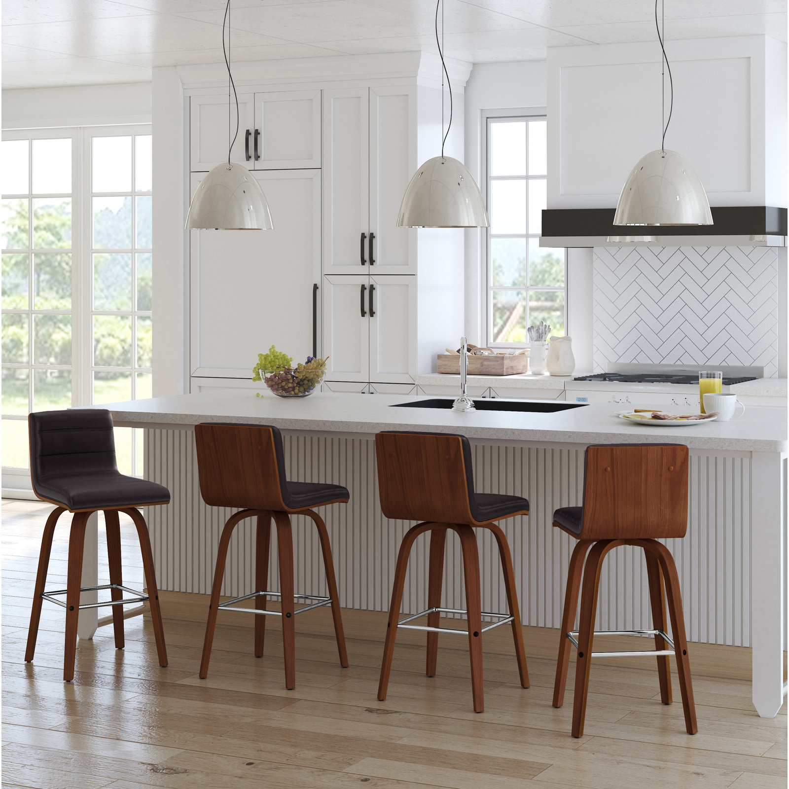 Biance Swivel Bar Stool, Brown Faux Leather, Counter Stool (26" Seat Height), Walnut