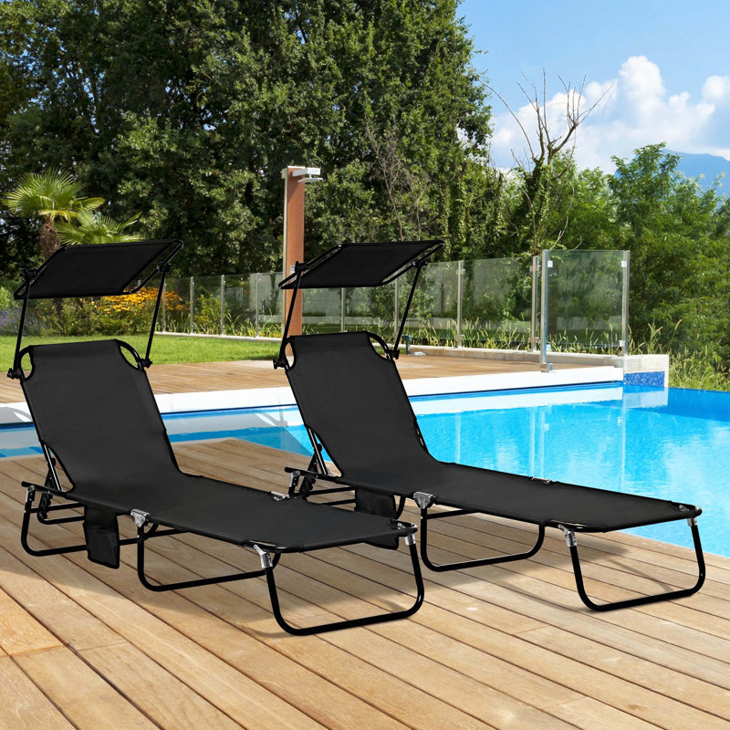 Set Of 2 Reclining Folding Chaise Lounge Pool Chairs With Canopy Shade & Side Pocket For Beach, Yard, Patio, Black