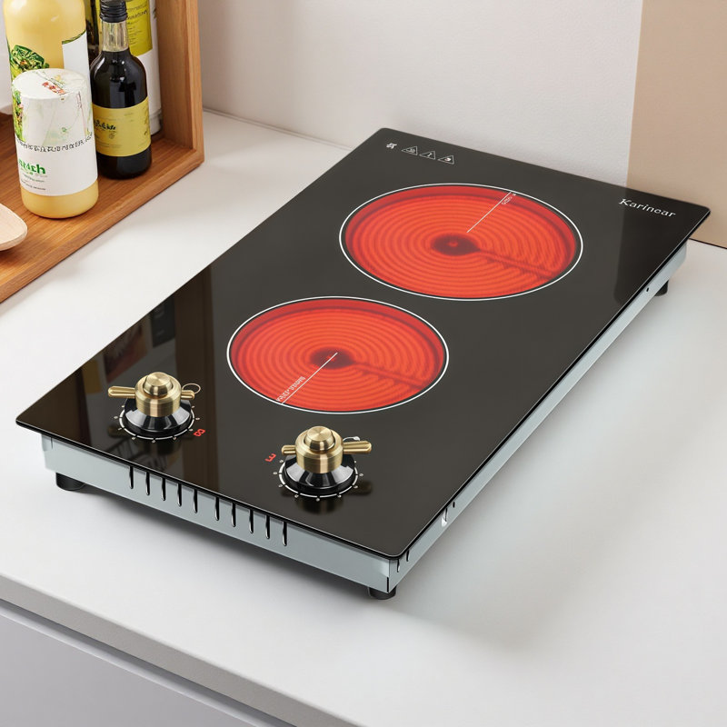 Plaque de cuisson électrique Karinear à 2 brûleurs, cuisinière électrique de 12 pouces avec prise 110 V, comptoir et surface de cuisson en céramique intégrée, poignée dorée, 2 000 W