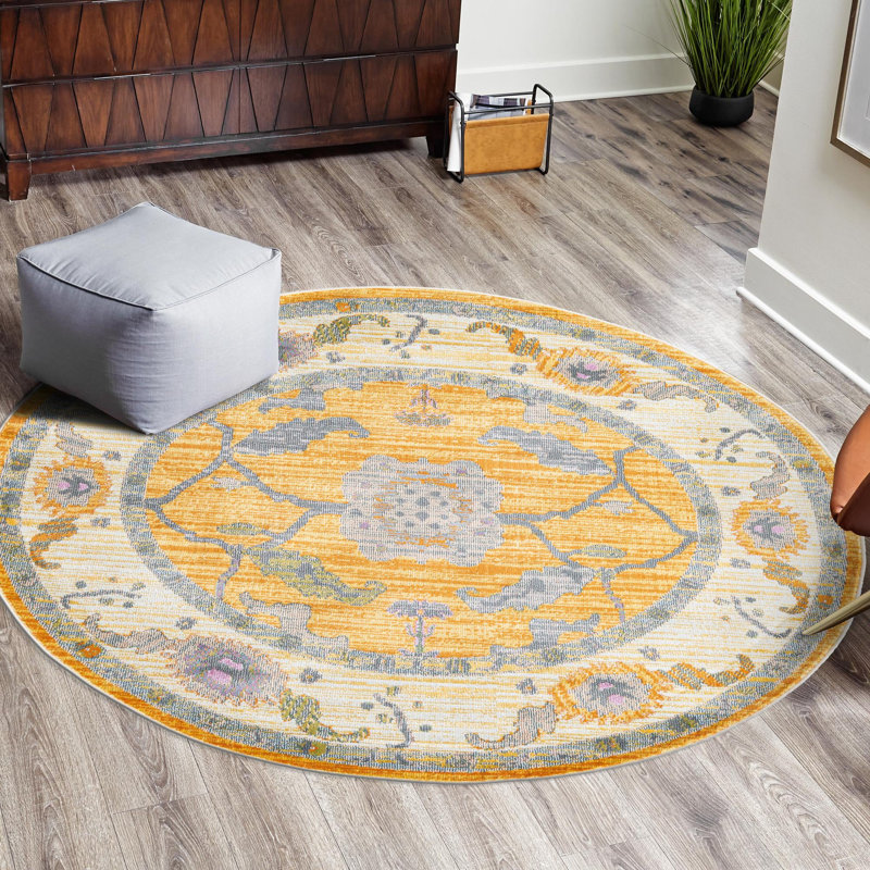 Tapis oriental jaune / beige / gris Haefner, Rond 3 pi 3 po