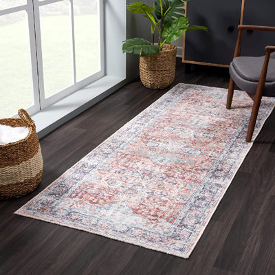 Tapis traditionnel lavable antidérapant - brique / bleu foncé 