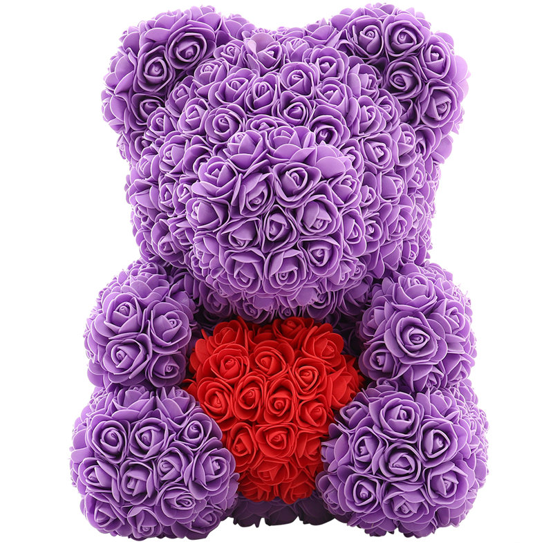 Artificial Foam Eternal Rose Heart-Shaped Bear Heart Gift Box, Purple;Red