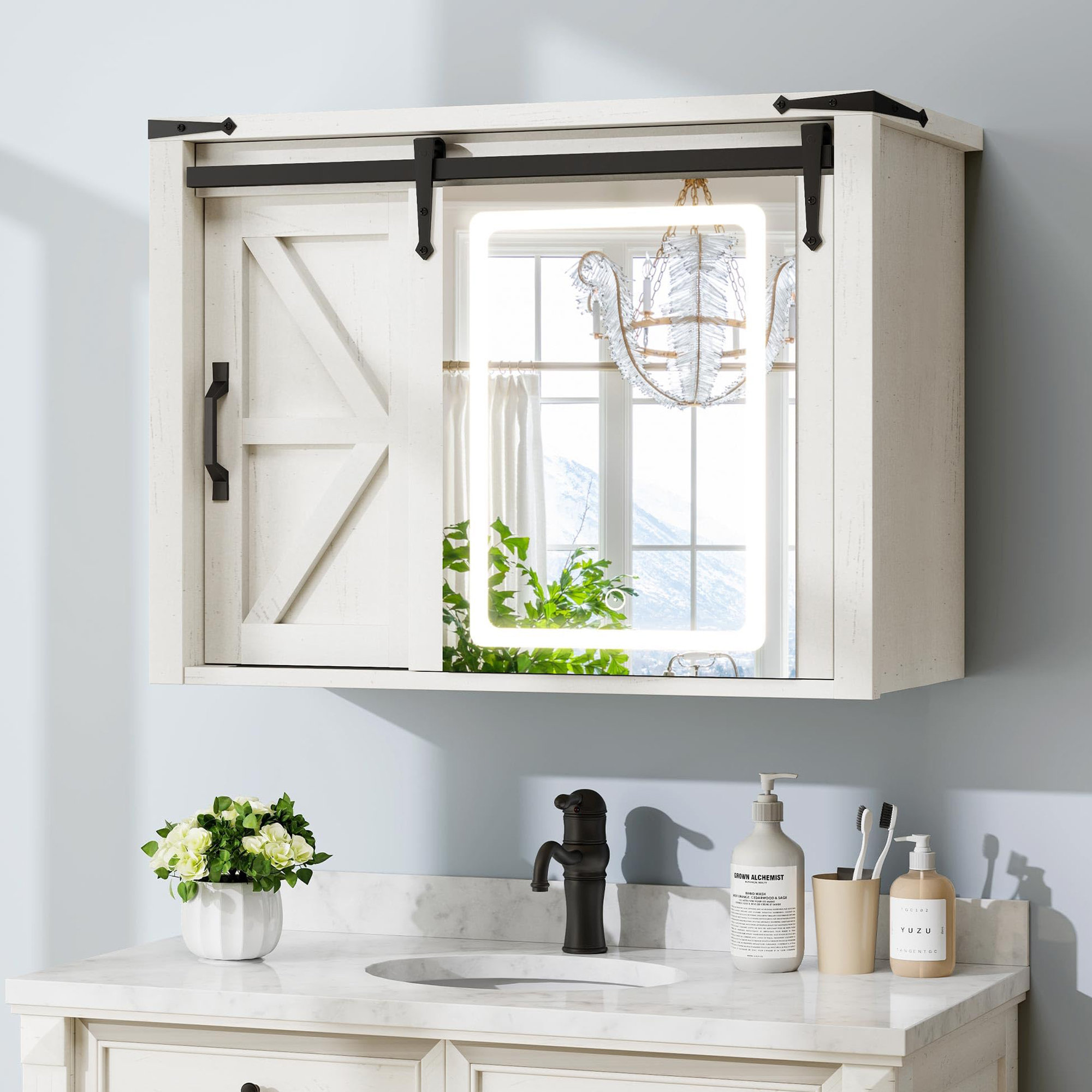 Gracie Oaks Farmhouse Medicine Cabinet Mirror with Lights, 32" White ...