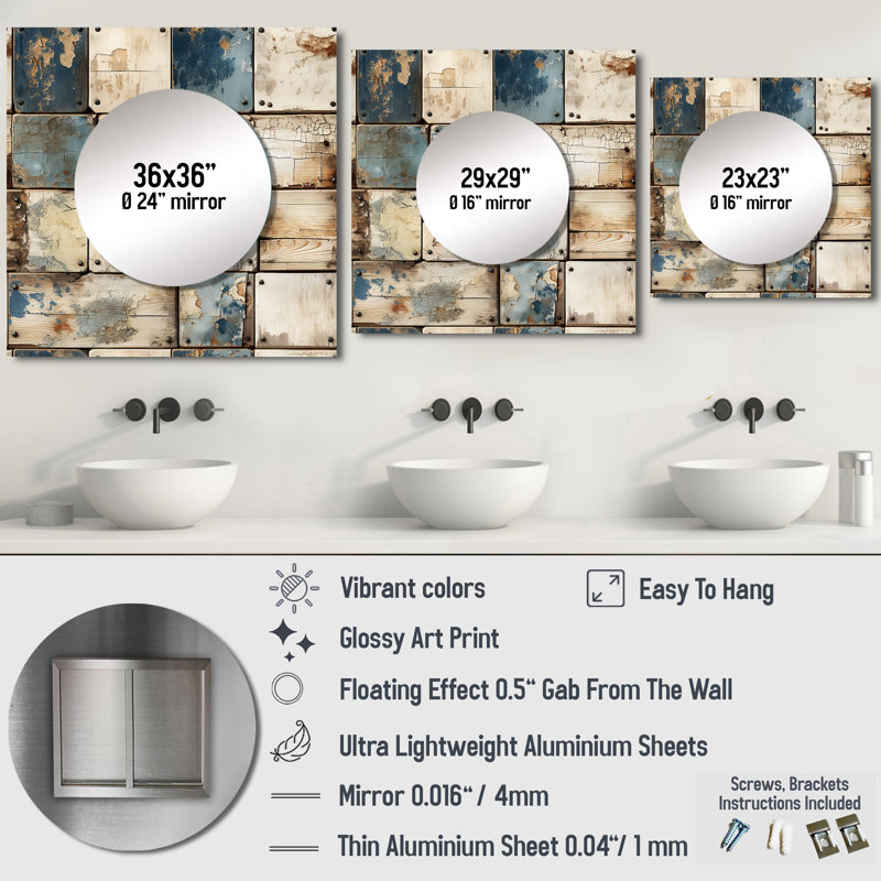 Rustic Modern Cubic Farmhouse Planks - Miroir carré rétro pour décoration murale, 23 po x 23 po