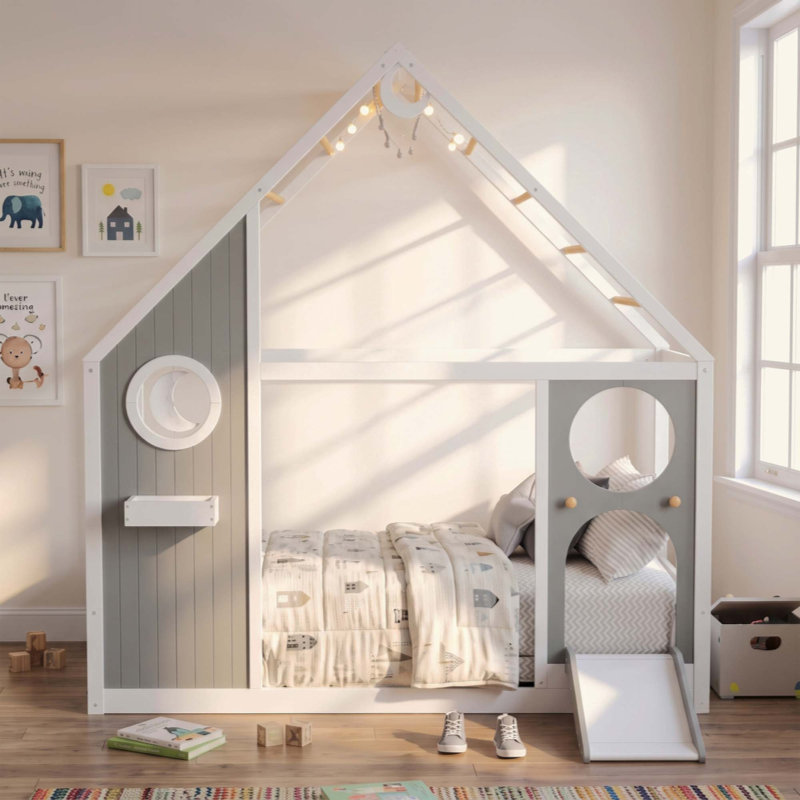 Lit maison avec glissade, bande lumineuse en forme de boule, lit plateforme en bois avec panneau avant, meubles de chambre amusants