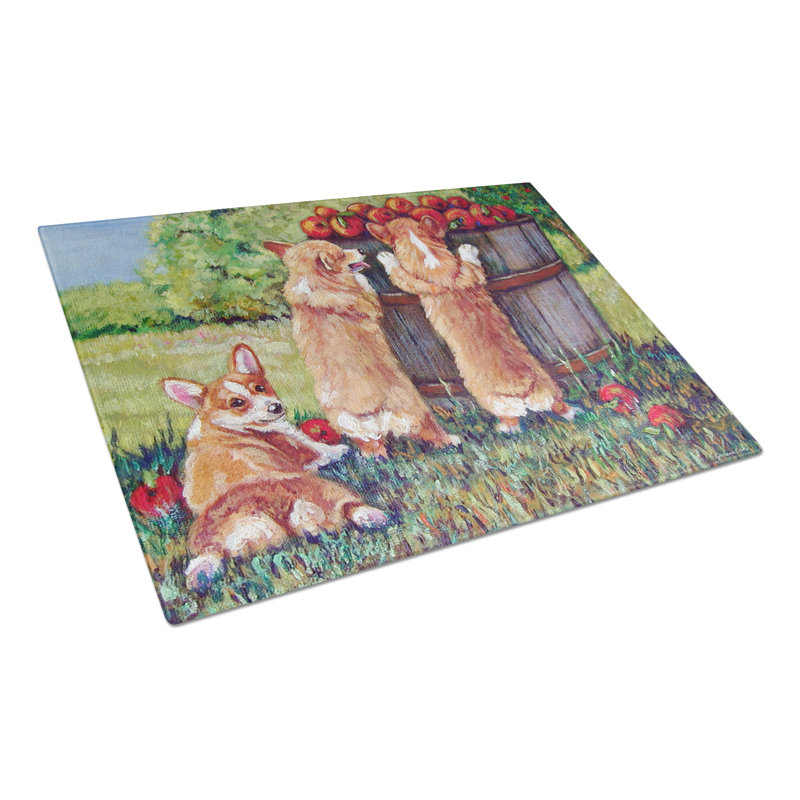 Caroline's Treasures Apple Helper Corgis Glass Cutting Board