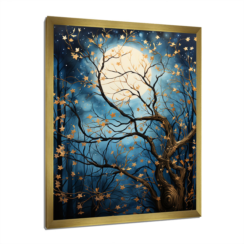 Arbre au clair de lune Silhouette I - paysage, impression d'art mural, Cadre photo doré, H 32 po x l 24 po x P 1 po