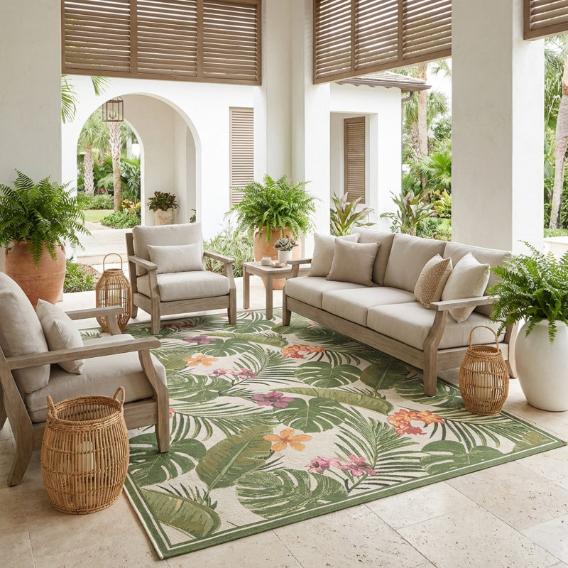 Mayshar Floral Ivory Hunter Green Indoor Outdoor Area Rug, Rectangle 5'3" x 7'6"