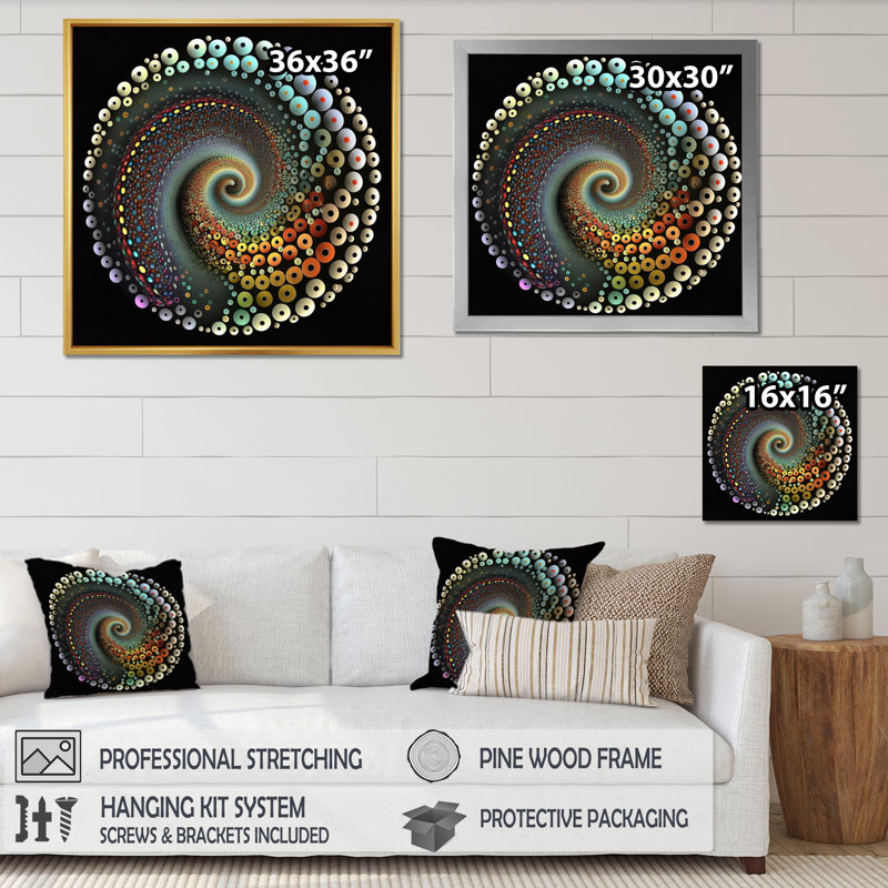 Iridiscdent pointillisme spirale rétro arc-en-ciel, H 36 po x l 36 po x P 1,5 po, Cadre flottant doré