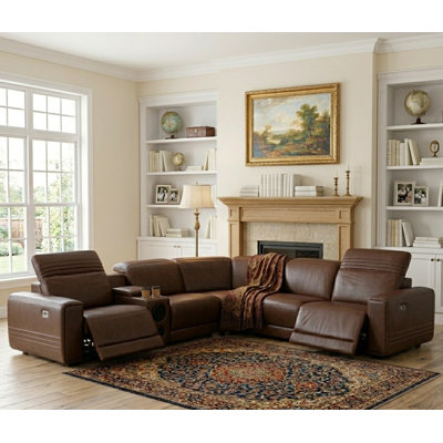 Brown Modern 6-Piece Power Faux Leather Reclining Sectional With Built-In Bluetooth Speakers, Smart Storage Console & USB Ports, L-Shaped Home Theater Sofa