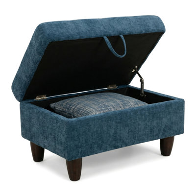 Blue Chenille Tufted Storage Ottoman Bench, Rectangular Upholstered Ottoman With Safety Gas Hinge, Multifunctional Footrest Stool For Living Room, Bedroom, Entryway