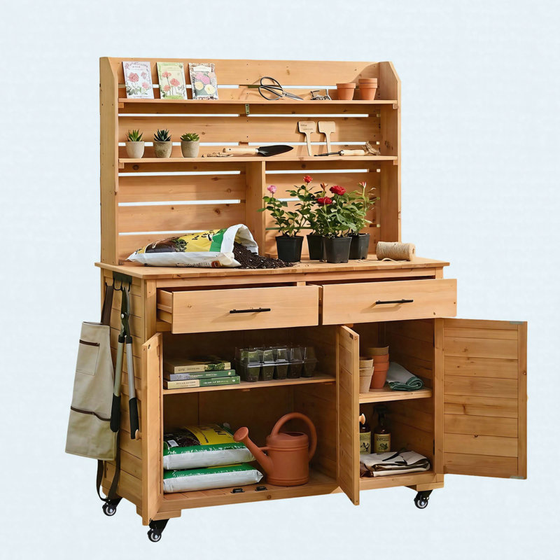 Banc de rempotage extérieur 65 "avec huche, tiroirs, armoire de rangement et tablettes amovibles, chariot de cuisine en bois pour îlot de cuisine, naturel