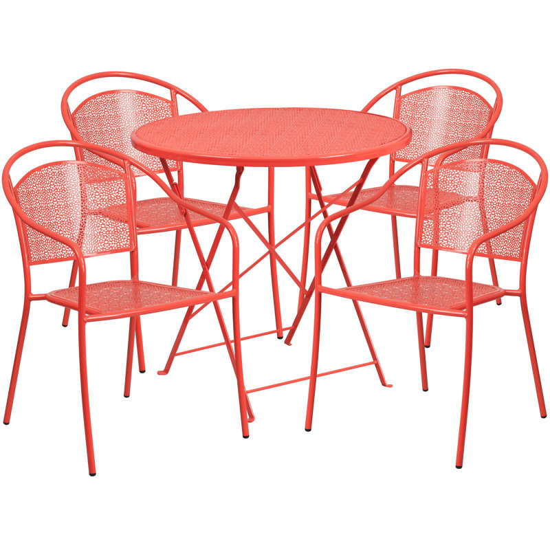 Chanea 30'' Round Indoor-Outdoor Steel Folding Patio Table Set with 4 Round Back Chairs, Coral
