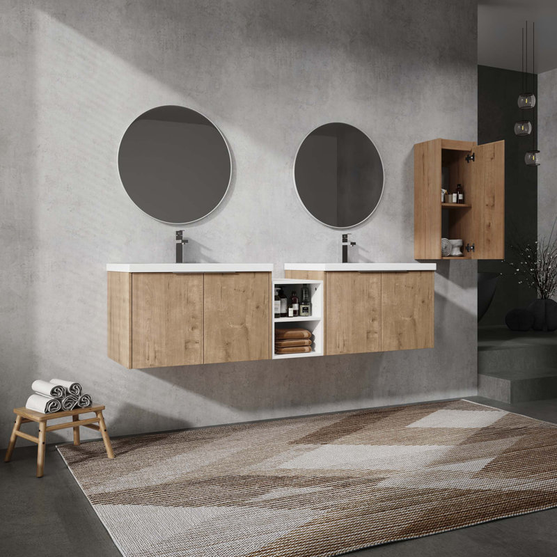 Meuble-lavabo mural avec lavabo et armoire latérale, portes à fermeture en douceur, 71.1"