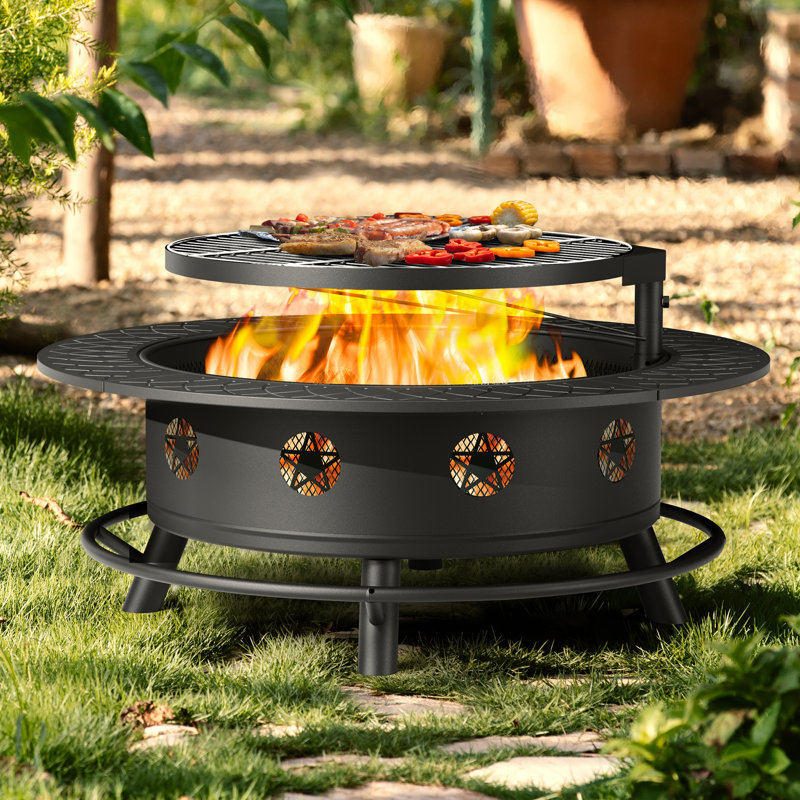 Fire Pit With Grill, Wood Burning Fire Pits For Outside With Lid& Fire Poker, Round Metal Fire Pit Table 3 In 1 With Cooking Grate,outdoor Fire Pit For Yard Patio Bonfire Camping
