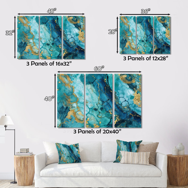 Turquoise de luxe, art fluide abstrait VII sur toile, reproduction de 3 pièces, H 28 po x l 36 po x P 1 po