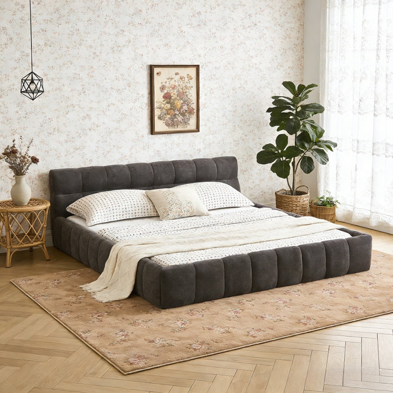 Structure robuste en chenille avec tête de lit, sans sommier tapissier, lit solide et robuste, Gris foncé, Grand lit