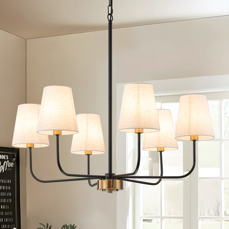 Velora 6-light Metal Chandelier With White Linen Shades, Matte Black/Gold