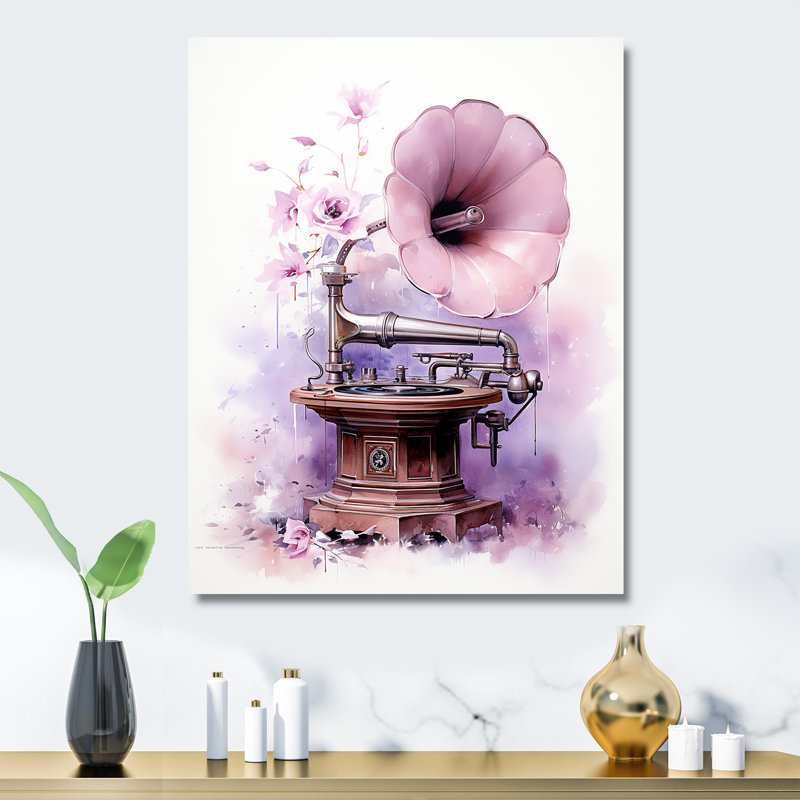 Floral Phonograph Purple Mussic - Phonographs Metal Wall Art, H 40 po x l 30 po x P 1,5 po