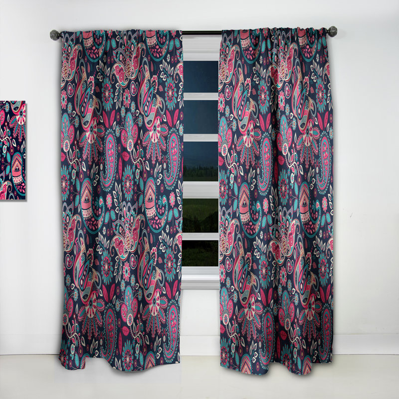 Floral Paisley in Retro Style - Paisley Floral Blackout Curtain Single Panel, 52" W x 63" L