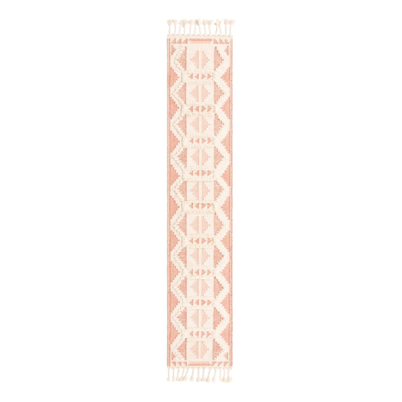 Tapis géométrique en laine tissé à plat à la main Eylin - rose et blanc, Tapis de couloir 2 pi 2 po x 5 pi 1 po