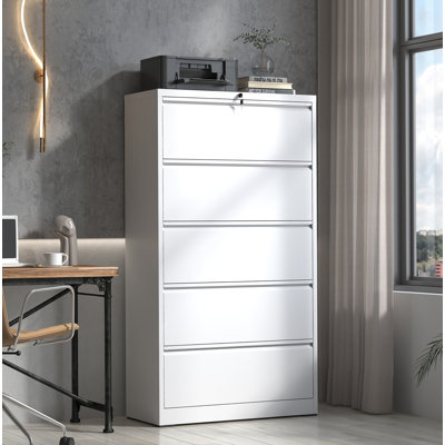 Classeur latéral en métal 5 tiroirs, classeur blanc avec serrure, classeur verrouillable pour le bureau personnel, classeur en métal verrouillable pour format légal / lettre / A4 / F4