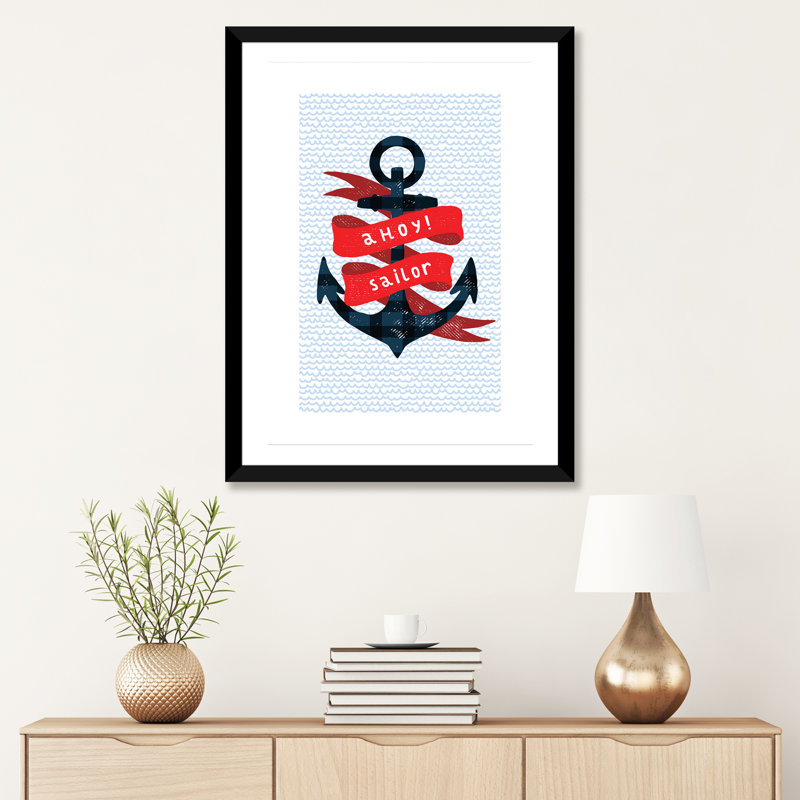 Nautical Anchor - impression d'art graphique, H 32 po x l 24 po x P 1 po, Blanc, Papier encadré noir