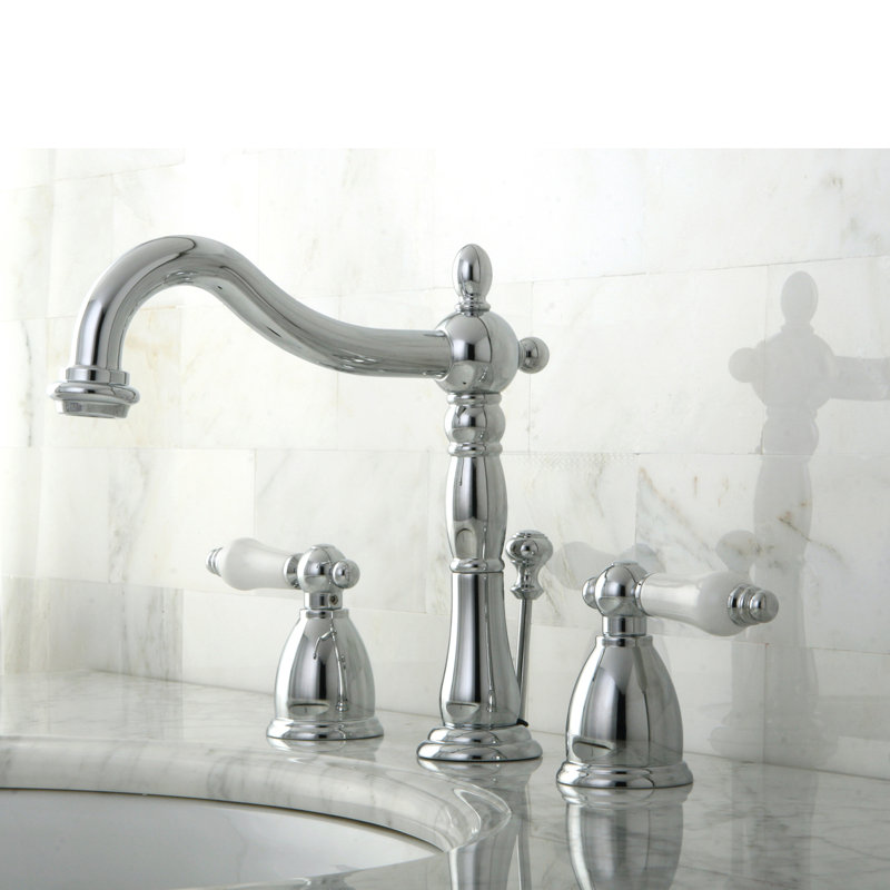 Heritage Polished Chrome Widespread Bathroom Faucet with Porcelain Lever