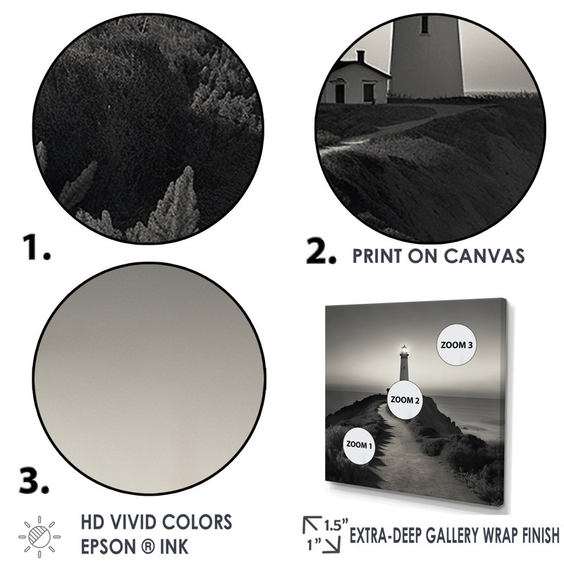 «Black and White Light House Panorama I», reproduction sur toile, Cadre simple noir, H 16 po x l 16 po x P 1 po