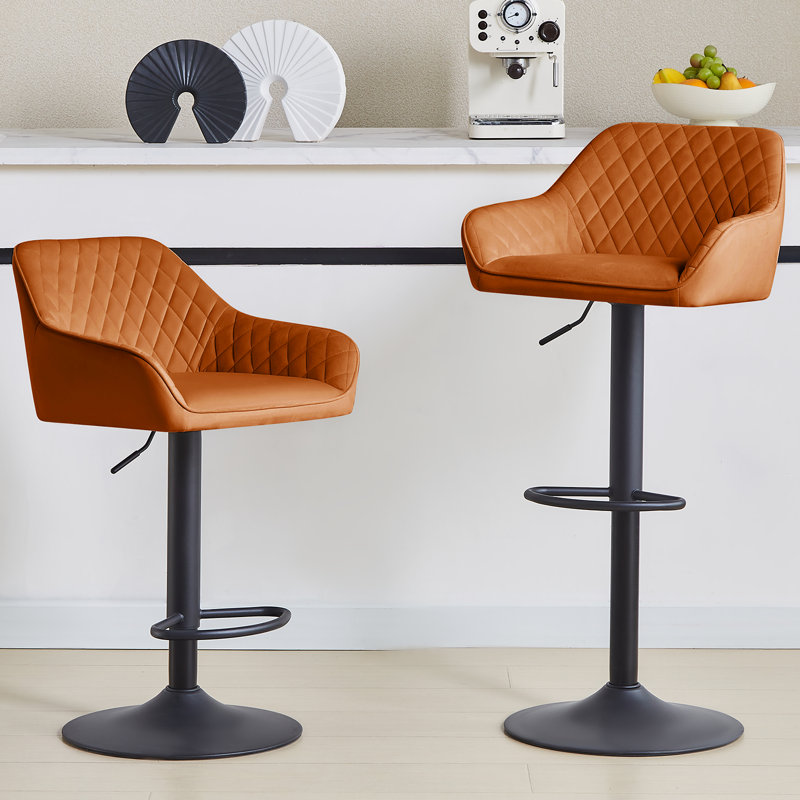 Velvet Height Adjustable Swivel Upholstered Bar Stools, Orange