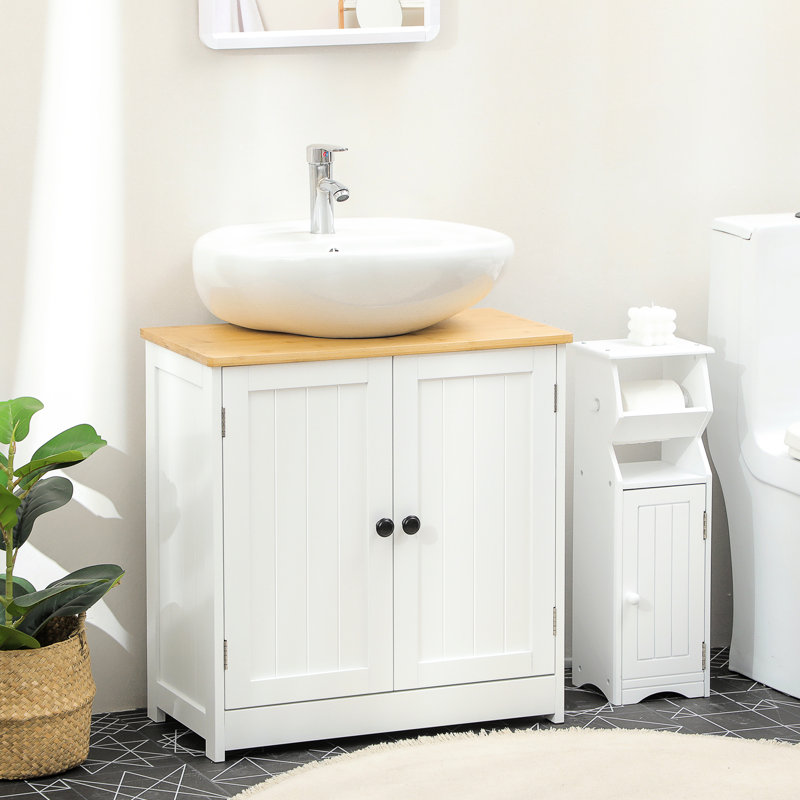 Armoire de rangement sous le lavabo, blanche avec portes doubles et tablette réglable pour meuble-lavabo mural à solution compacte