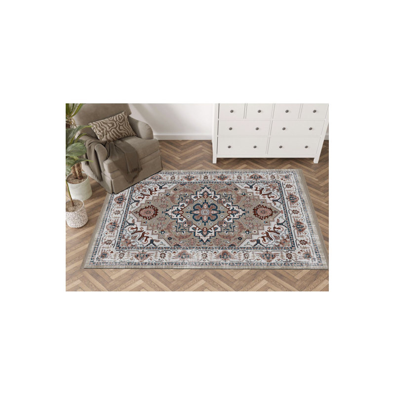 Tapis décoratif gris à motif traditionnel lavable à la machine, Sous-tapis rectangulaire de 3 pi 3 po x 4 pi 11 po