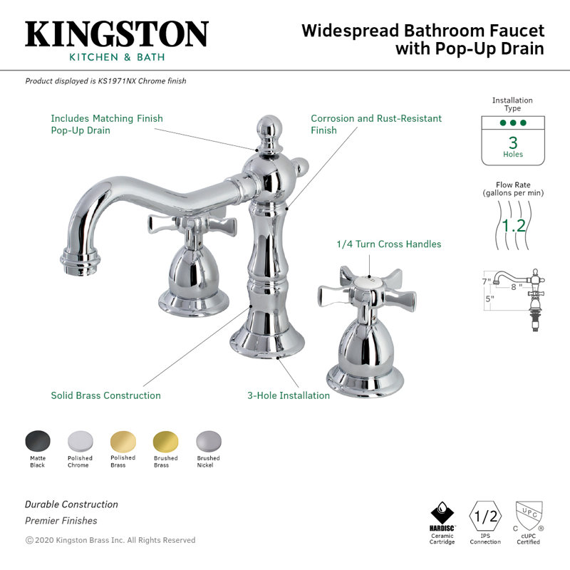 Kingston Brass Hamilton Two-Handle 3-Hole Deck Mount Widespread Bathroom Faucet with Brass Pop-Up Drain, Polished Chrome